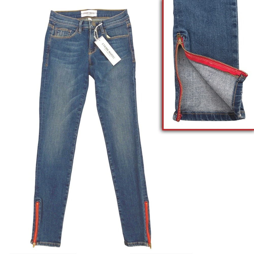 ETIENNE‎ MARCEL Womens Blue Denim Skinny Jeans with Red Zipper Ankle Size 24